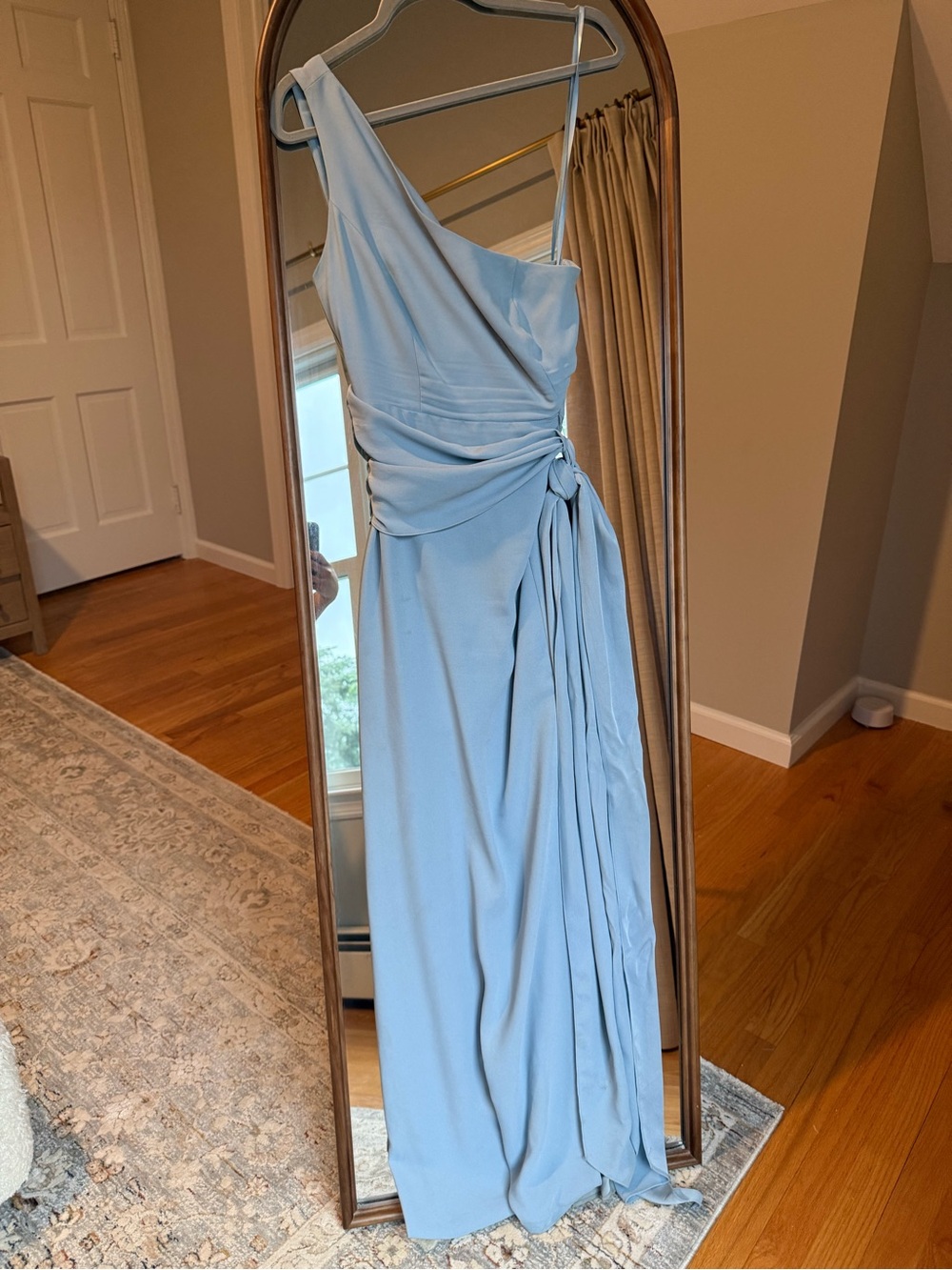 BCBGMaxAzria One-Shoulder Draped Gown in Light Blue